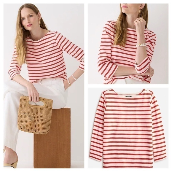 J. Crew red striped 3/4 sleeve boat neck tee classic minimalist preppy size XXS - Picture 1 of 14